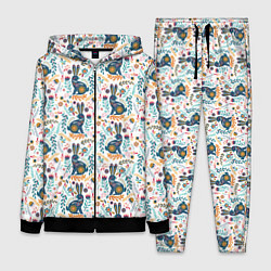 Женский 3D-костюм Новогодний паттерн - Кролики и веточки, цвет: 3D-черный