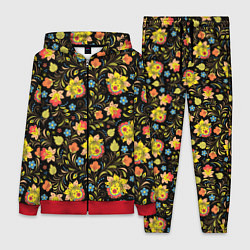 Женский 3D-костюм Хохломская роспись разноцветные цветы, цвет: 3D-красный