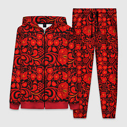 Женский 3D-костюм Хохломская роспись красные цветы и ягоды на чёрном, цвет: 3D-красный