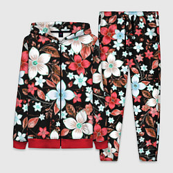 Женский 3D-костюм Красно-белые цветы на чёрном фоне, цвет: 3D-красный