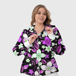 Женский 3D-костюм Фиолетово-белые цветы на чёрном фоне, цвет: 3D-белый — фото 2
