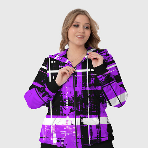 Женский костюм Фиолетово-белый гранж на чёрном фоне / 3D-Черный – фото 3