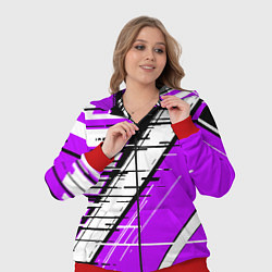 Женский 3D-костюм Чёрно-белые глитч полосы на фиолетовом фоне, цвет: 3D-красный — фото 2