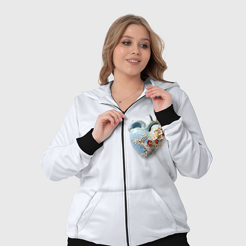 Женский костюм Сердце и ветка цветущая сакура с цветами / 3D-Черный – фото 3