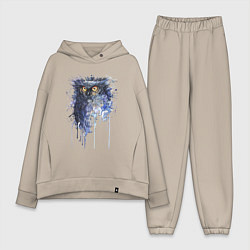 Женский костюм оверсайз Прикольная сова в акварельном рисунке, цвет: миндальный