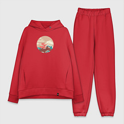 Женский костюм оверсайз Большая океанская волна и пустой остров на закате, цвет: красный