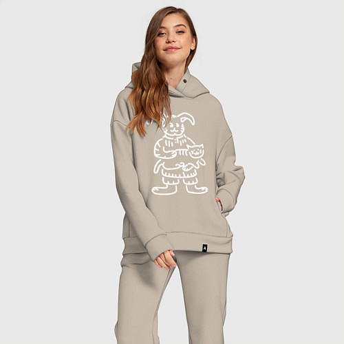 Женский костюм оверсайз Кролик гладит кота белый / Миндальный – фото 2