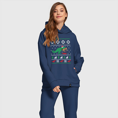 Женский костюм оверсайз Новогодний тирекс - ugly sweater / Тёмно-синий – фото 2