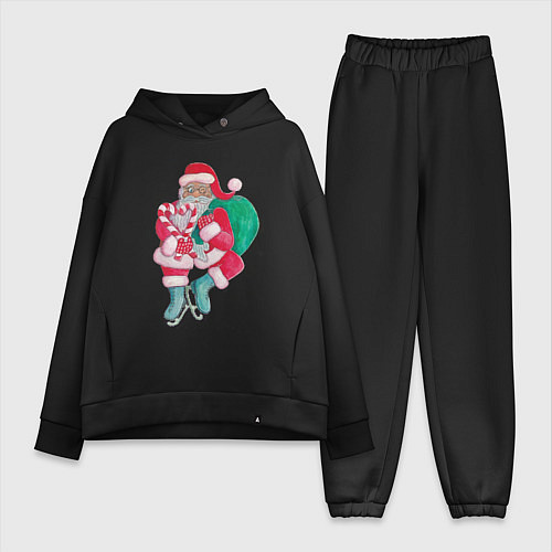 Женский костюм оверсайз Санта Клаус с мешком подарков на коньках / Черный – фото 1