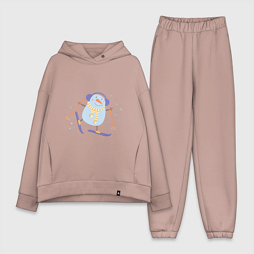 Женский костюм оверсайз Снеговик катается на лыжах / Пыльно-розовый – фото 1