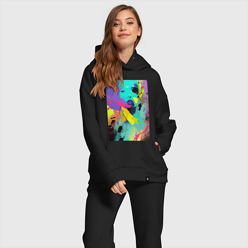Женский костюм оверсайз Portrait of an unfamiliar girl - pop art / Черный – фото 2