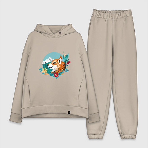 Женский костюм оверсайз Лиса и горы среди цветов / Миндальный – фото 1