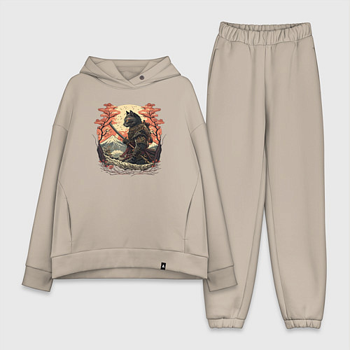 Женский костюм оверсайз Японский самурайский кот / Миндальный – фото 1