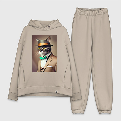 Женский костюм оверсайз Портрет кота джентльмена в шляпе / Миндальный – фото 1