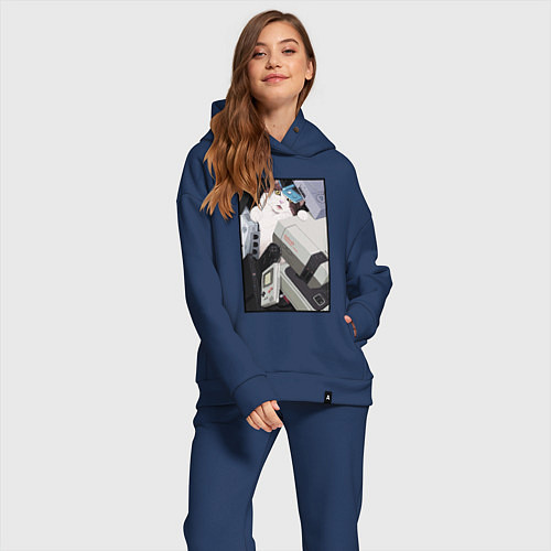 Женский костюм оверсайз Кот в ретро консолях / Тёмно-синий – фото 2