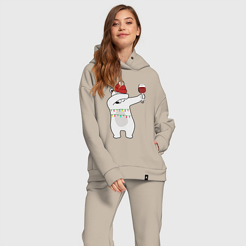 Женский костюм оверсайз Новогодний мишка с бокалом вина / Миндальный – фото 2