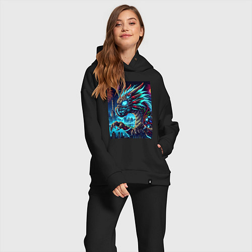 Женский костюм оверсайз Cyber dragon - ai art neon / Черный – фото 2