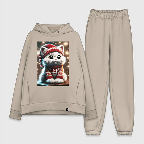 Женский костюм оверсайз Котик в новогоднем свитере / Миндальный – фото 1