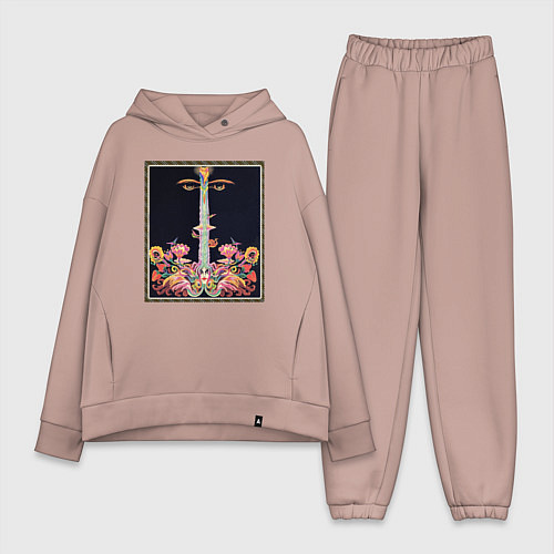 Женский костюм оверсайз Абстракные лица, цветы и ноты / Пыльно-розовый – фото 1