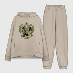 Женский костюм оверсайз Герб России и воины на оливковом фоне