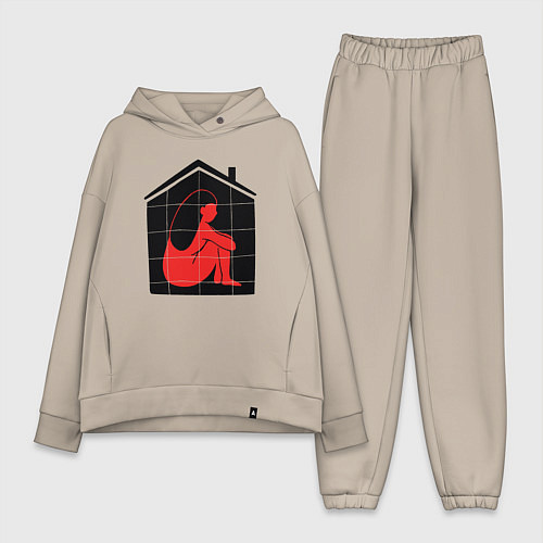 Женский костюм оверсайз Сижу дома / Миндальный – фото 1