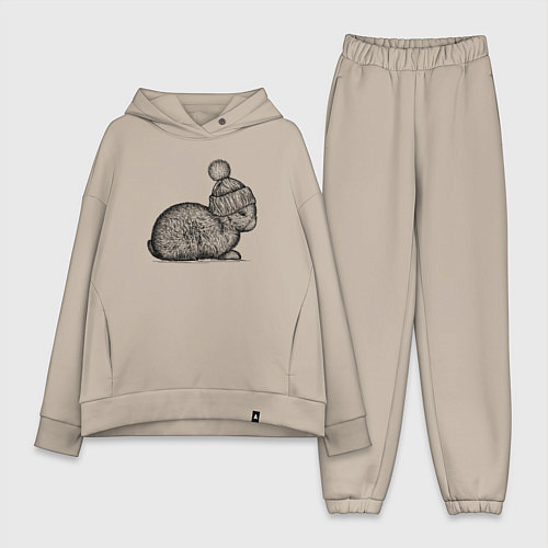 Женский костюм оверсайз Зайченок в шапке / Миндальный – фото 1