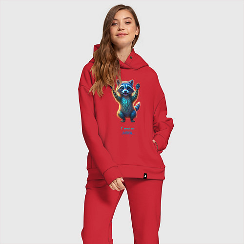 Женский костюм оверсайз У меня же лапки - неоновый енот / Красный – фото 2