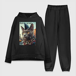 Женский костюм оверсайз Уличный кот панк музыкант - нейросеть, цвет: черный