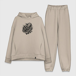 Женский костюм оверсайз Орнамент со скрипичным ключом тату стиль, цвет: миндальный