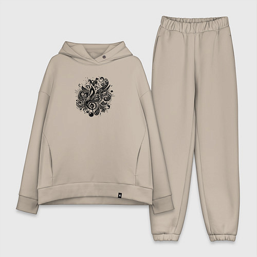 Женский костюм оверсайз Орнамент со скрипичным ключом тату стиль / Миндальный – фото 1