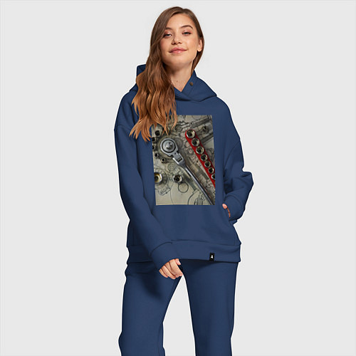 Женский костюм оверсайз Трещотка ключ и чертеж / Тёмно-синий – фото 2