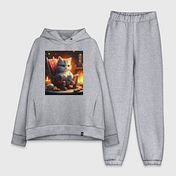 Женский костюм оверсайз Уютный кот у камина с чашкой какао, цвет: меланж