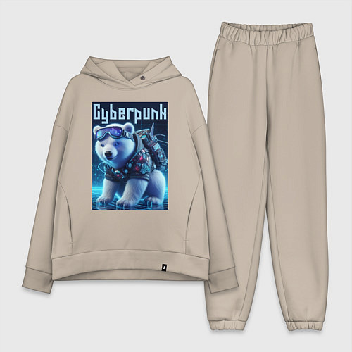 Женский костюм оверсайз Белый медвежонок в стиле киберпанк / Миндальный – фото 1