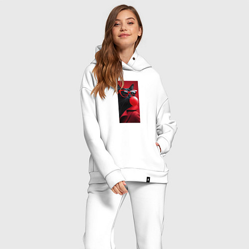 Женский костюм оверсайз Чёрный кот надувает жвачку / Белый – фото 2