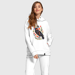 Женский костюм оверсайз Ворона в цветах фолк арт, цвет: белый — фото 2