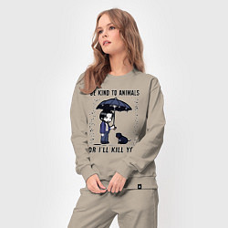 Костюм хлопковый женский Be kind to animals or I'll kil, цвет: миндальный — фото 2