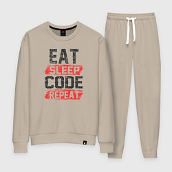 Костюм хлопковый женский EAT SLEEP CODE REPEAT, цвет: миндальный