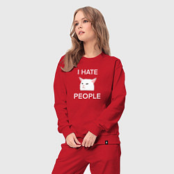 Костюм хлопковый женский I hate people, текст с белым мемным котом, цвет: красный — фото 2