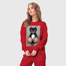 Костюм хлопковый женский Крутой котяра в боксёрских перчатках Cool cat in b, цвет: красный — фото 2