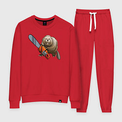 Костюм хлопковый женский Бобер с бензопилой, цвет: красный