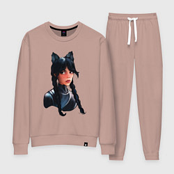 Костюм хлопковый женский Чёрная кошка Уэнсдэй, цвет: пыльно-розовый