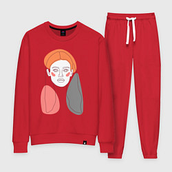 Костюм хлопковый женский Лайн арт портрет девушки в стиле минимализм, цвет: красный