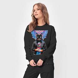 Костюм хлопковый женский Модная чёрная кошечка в кожаной куртке, цвет: черный — фото 2