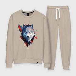 Костюм хлопковый женский Голова волка - рисунок с пятнами краски, цвет: миндальный