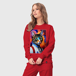 Костюм хлопковый женский Кот в комбинезоне - нейросеть, цвет: красный — фото 2