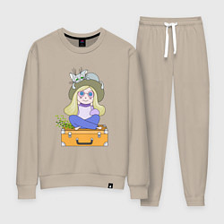 Костюм хлопковый женский Путешественница на чемодане, цвет: миндальный