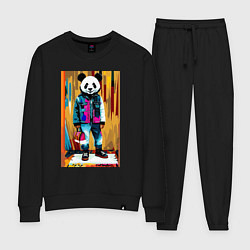 Костюм хлопковый женский Funny panda - pop art, цвет: черный