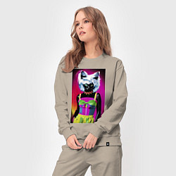 Костюм хлопковый женский Cat fashionista - pop art - neural network, цвет: миндальный — фото 2