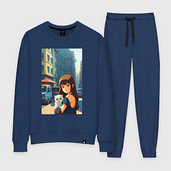Костюм хлопковый женский Городская девчонка с белым котёнком - аниме, цвет: тёмно-синий