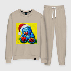 Костюм хлопковый женский Плюшевый синий Санта мишка, цвет: миндальный